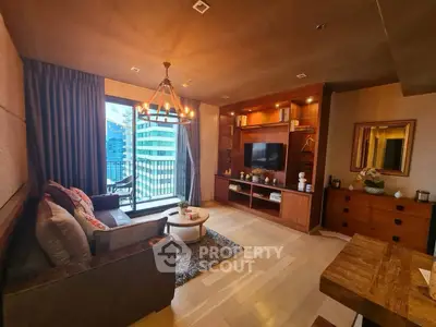 Luxurious living room with modern decor and city view balcony