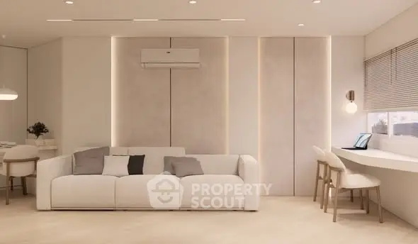 Modern living room with sleek design and cozy seating area