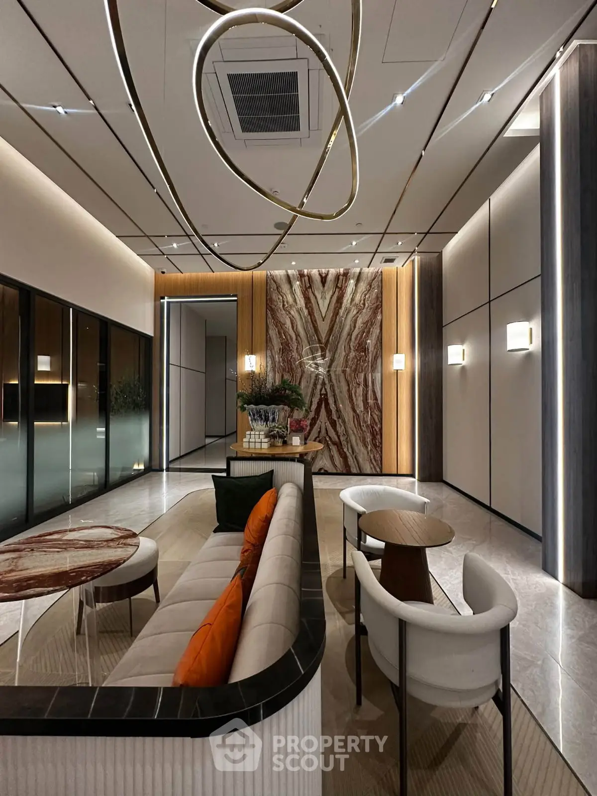 Luxurious modern living room with elegant lighting and stylish furniture