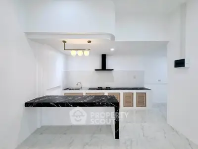 Modern kitchen with sleek black marble countertops and open layout design