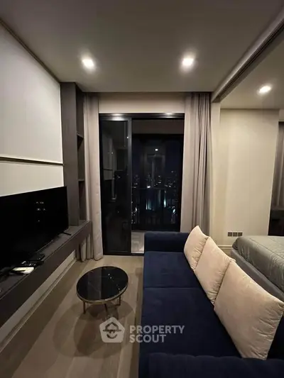 Modern living room with cozy sofa and city view balcony in luxury apartment