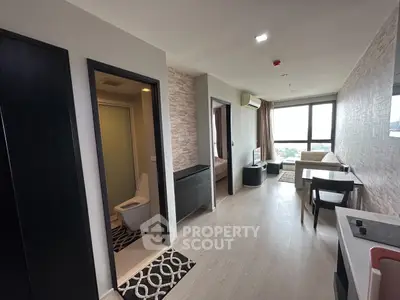 Modern apartment interior with open layout and city view