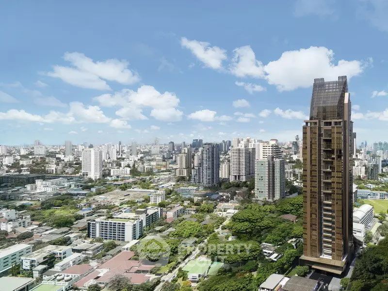 Stunning high-rise building with panoramic city views and lush greenery.