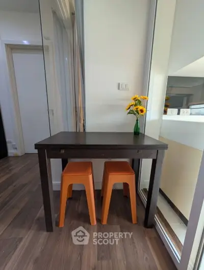 Modern kitchen with sleek design and vibrant orange stools