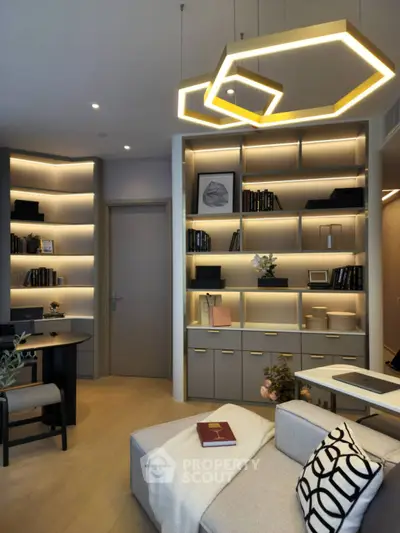 Modern living room with stylish shelving and geometric lighting