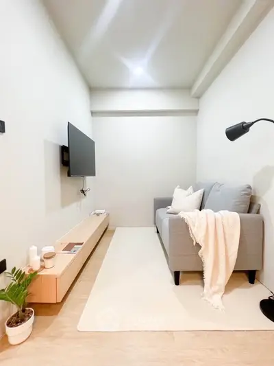 Cozy minimalist living room with modern sofa and wall-mounted TV