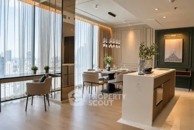 Luxurious modern dining area with panoramic city views and elegant decor