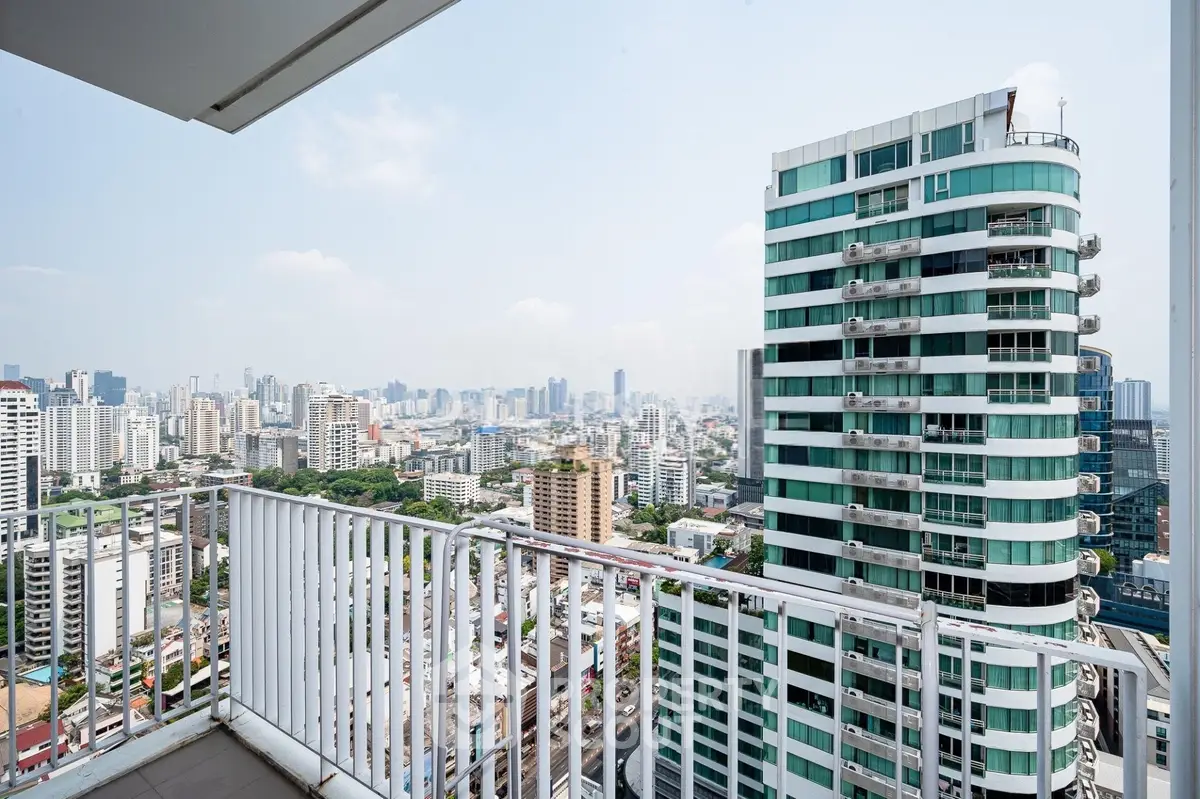 Stunning cityscape view from a high-rise balcony in a modern urban apartment.