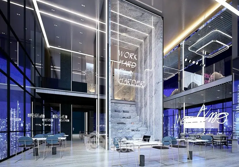 Luxurious modern office space with high ceilings and city views