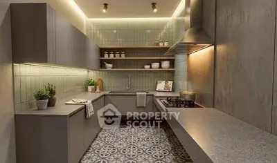 Modern kitchen with sleek cabinetry and stylish tile flooring, featuring under-cabinet lighting and gas stove.