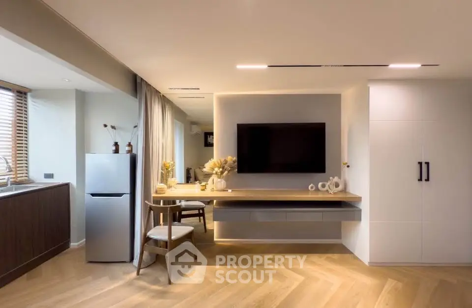 Modern living room with sleek design and integrated TV unit