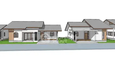 Modern architectural design of two adjacent single-story houses with sleek roofs and spacious layouts.