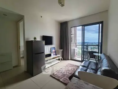 Modern living room with balcony and city view, featuring sleek furniture and a cozy atmosphere.