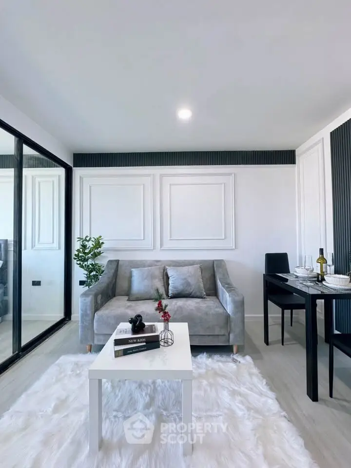 Modern living room with stylish decor and cozy seating area