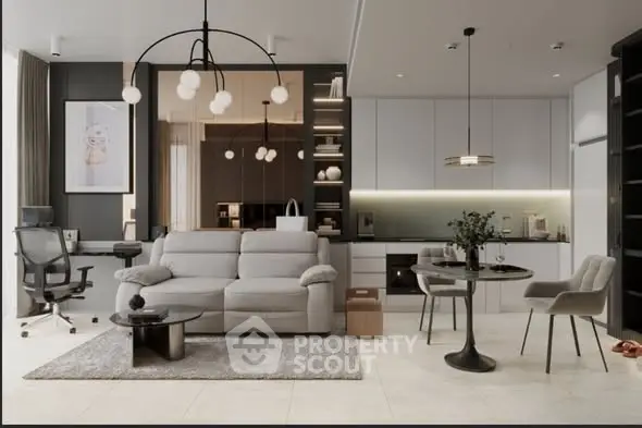 Modern living room with stylish furniture and open kitchen layout, perfect for contemporary living.