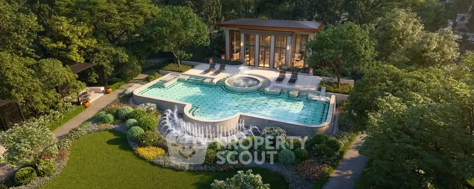 Luxurious outdoor pool with elegant landscaping and modern clubhouse in serene setting.