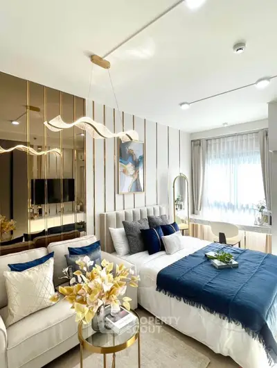 Luxurious bedroom with elegant decor and natural light, featuring a cozy bed and stylish furnishings.