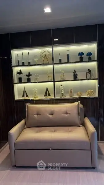 Elegant living room with stylish sofa and decorative shelves