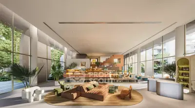 Luxurious modern living room with expansive windows and stylish decor