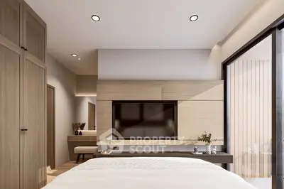 Modern bedroom with sleek design, featuring built-in TV and large windows for natural light.