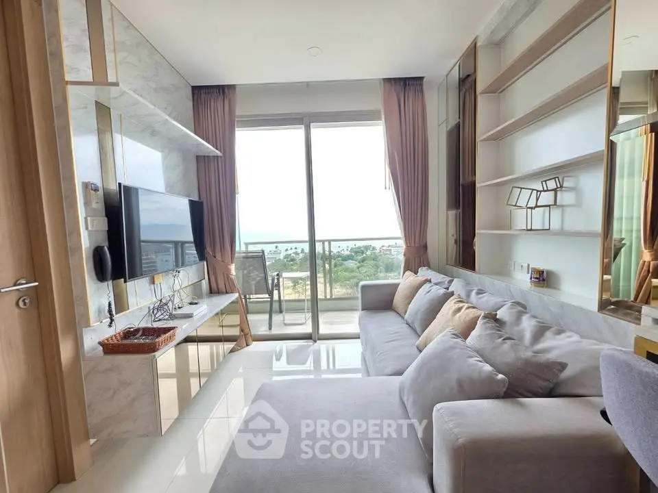 Luxurious living room with stunning view and modern decor in high-rise apartment