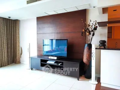 Modern living room with sleek TV setup and stylish decor