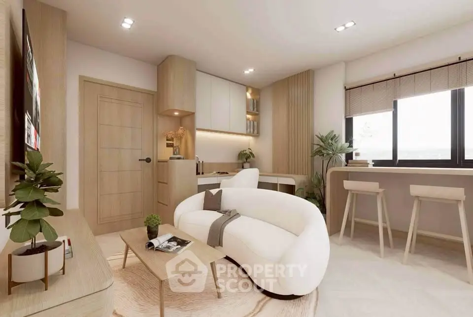 Modern living room with stylish furniture and natural light, featuring a cozy white sofa and wooden accents.