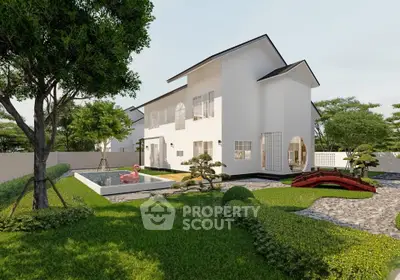 Modern white house with lush garden and small pool featuring a flamingo float.