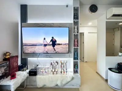 Modern living room with large TV and stylish decor