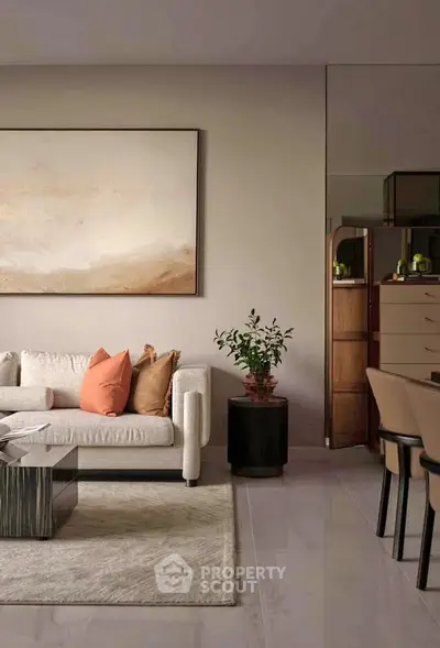 Elegant living room with modern decor, plush sofa, and stylish coffee table in a cozy setting.
