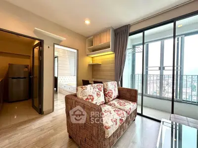 Spacious living room with balcony and city view in modern apartment