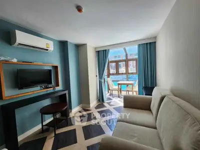 Modern living room with pool view and stylish decor