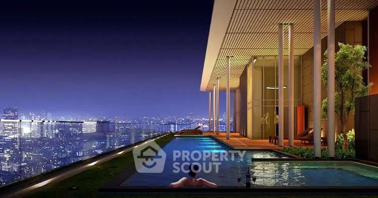 Luxurious rooftop pool with stunning city skyline view at night