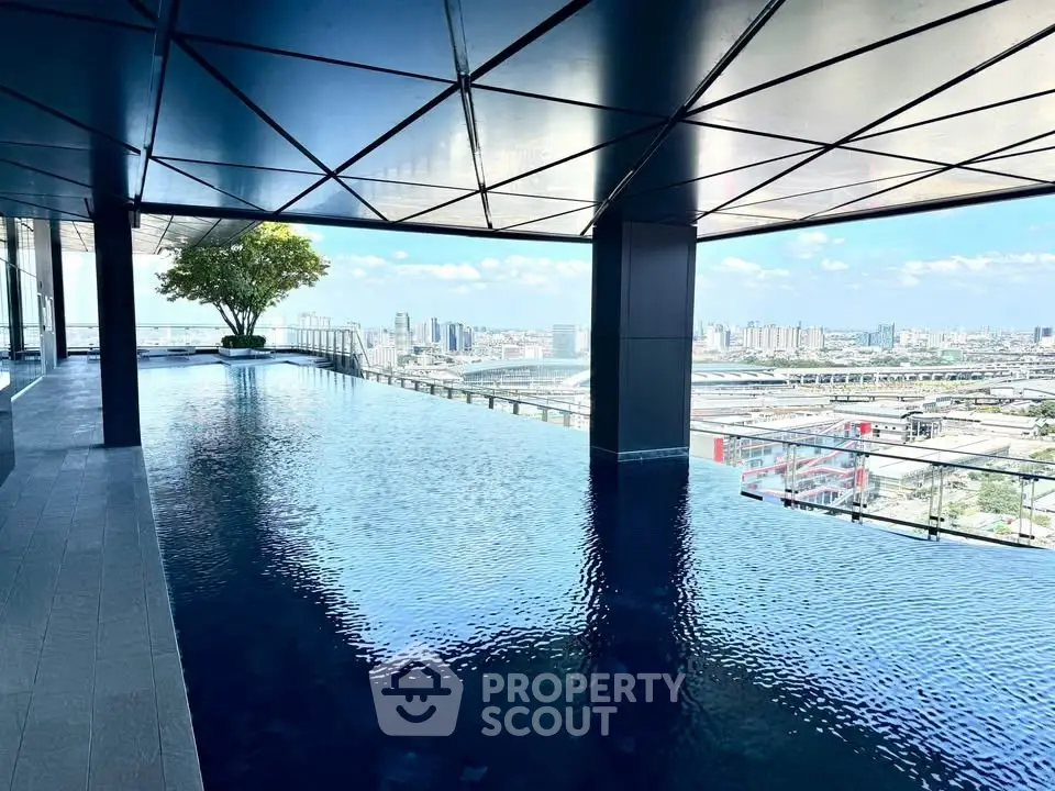 Luxurious rooftop infinity pool with stunning city skyline view, perfect for relaxation and entertainment.