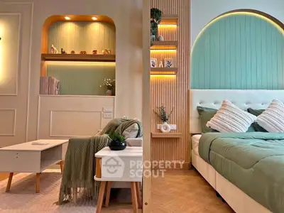 Stylish modern bedroom with cozy living area, featuring elegant decor and ambient lighting.