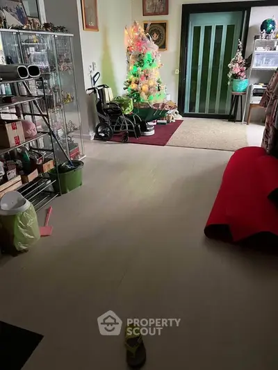 Cozy interior with festive decorations and storage space, perfect for holiday gatherings.