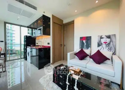 Modern living room with open kitchen and balcony view in luxury apartment