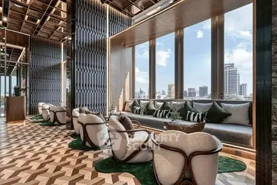 Luxurious modern living room with stunning city view and elegant decor.