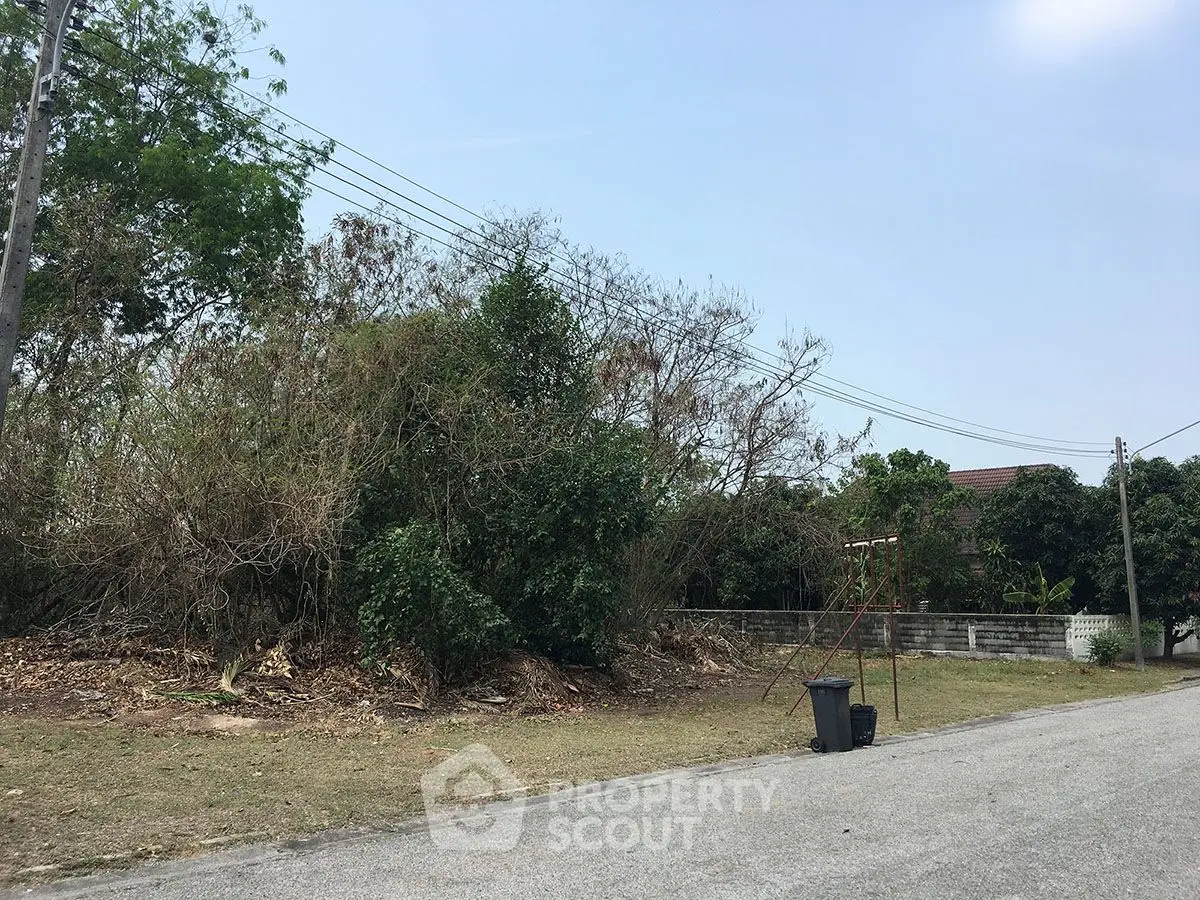 Vacant land plot with overgrown vegetation in a suburban neighborhood, ideal for development.