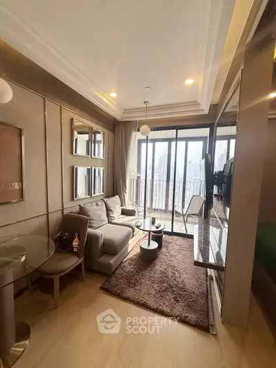 Luxurious living room with city view and modern decor in high-rise apartment