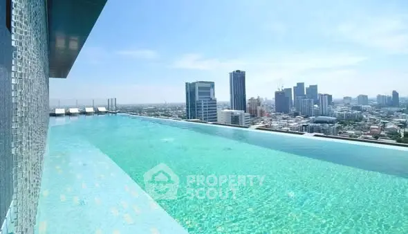 Luxurious rooftop infinity pool with stunning city skyline view, perfect for urban living.