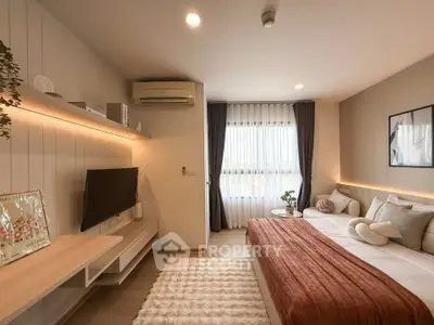 Modern bedroom with cozy decor and natural light