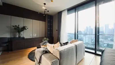Luxurious living room with panoramic city view and modern decor