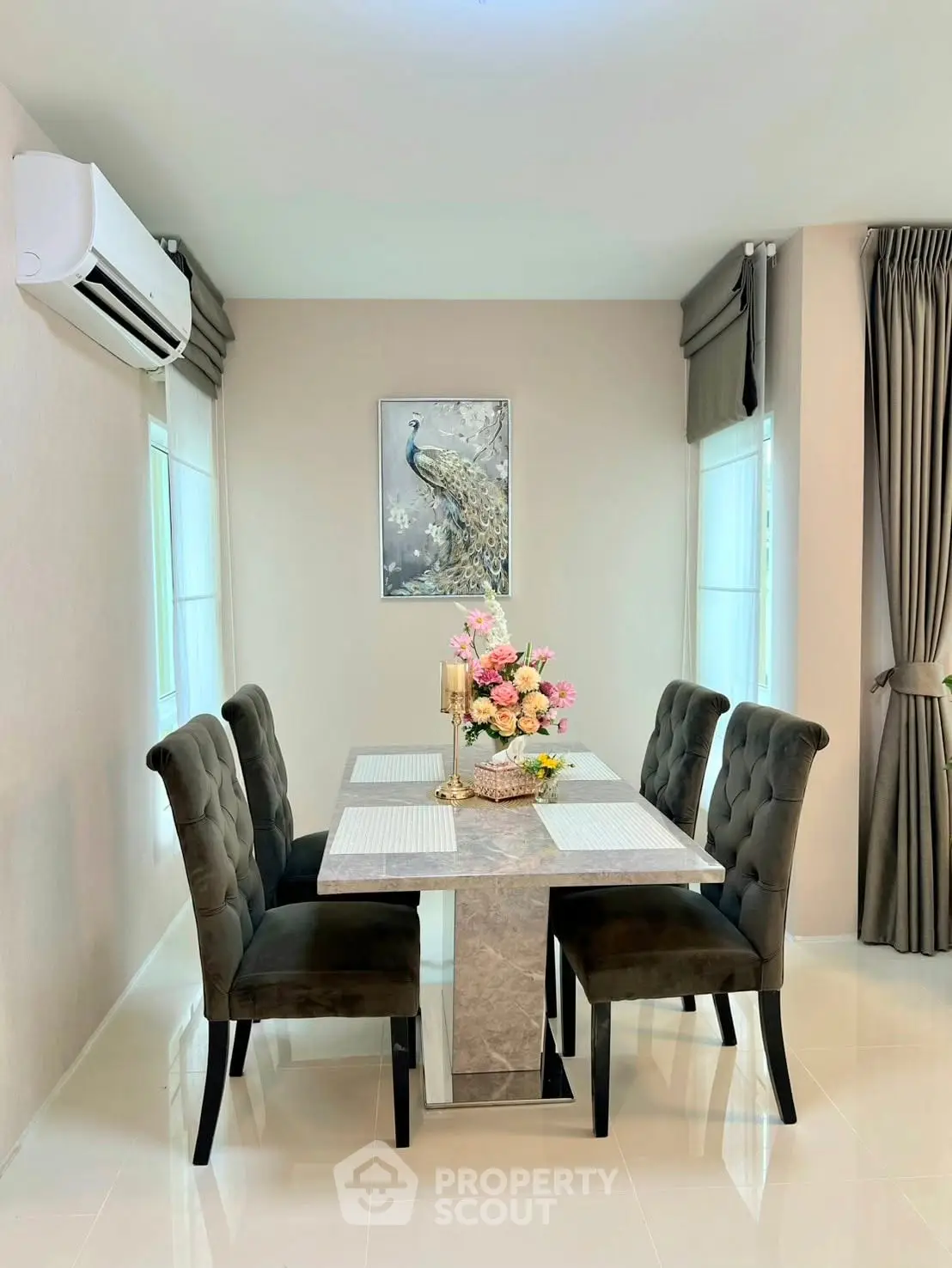 Elegant dining room with modern decor and plush seating