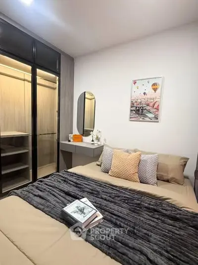 Cozy bedroom with elegant decor and walk-in closet