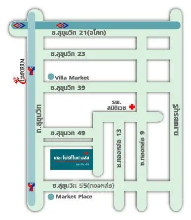 Map showing location of Villa Market and nearby landmarks in Sukhumvit area.