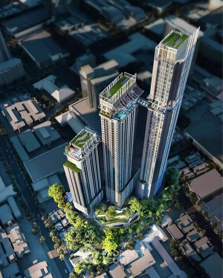 Stunning aerial view of modern skyscrapers with lush green rooftop gardens in urban setting.