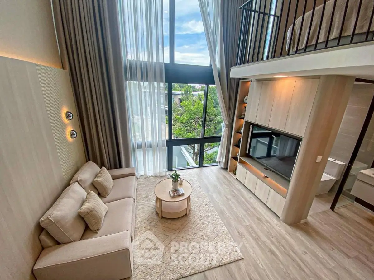 Luxurious loft-style living room with high ceilings and modern decor
