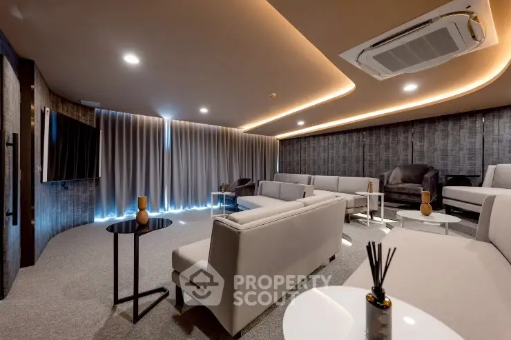 Luxurious modern living room with sleek furniture and ambient lighting