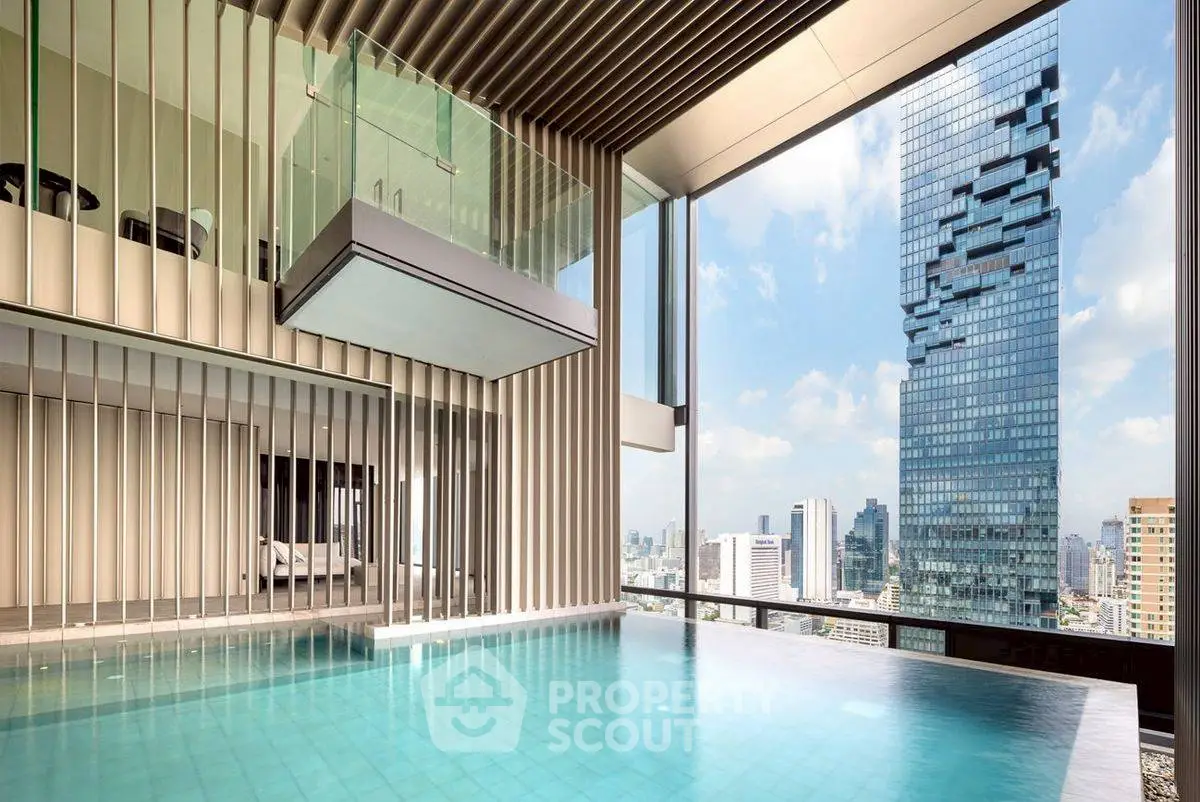 Luxurious rooftop pool with stunning city skyline view in modern high-rise building.